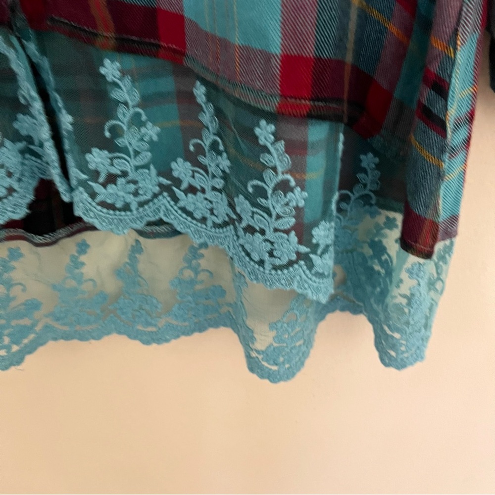 Soft Surroundings M Adeline Button Down Plaid Turquoise Lace Hem Tunic - Picture 3 of 8